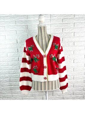 Jolly Sweaters Cropped Candy Cane Christmas Cardigan Sweater Size Small